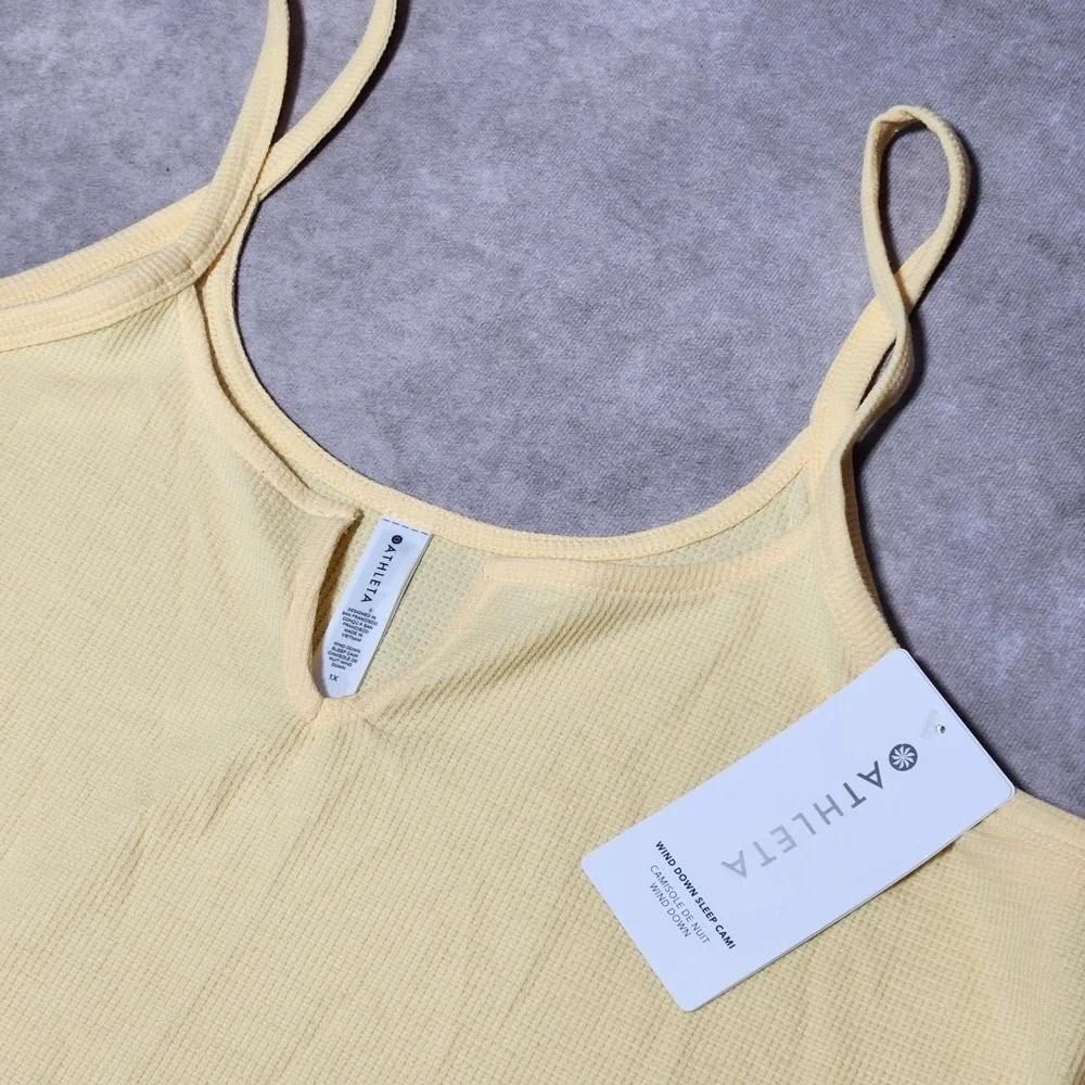 Athleta Wind Down‎ Sleep Cami Yellow Waffle Knit Notch V-Neck Tank Top 1X NEW